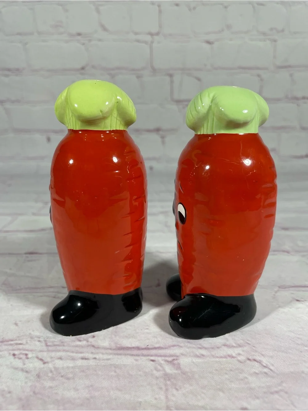 Vintage Anthropomorphic Happy and Sad Ceramic Carrot Salt and Pepper Shaker Pair